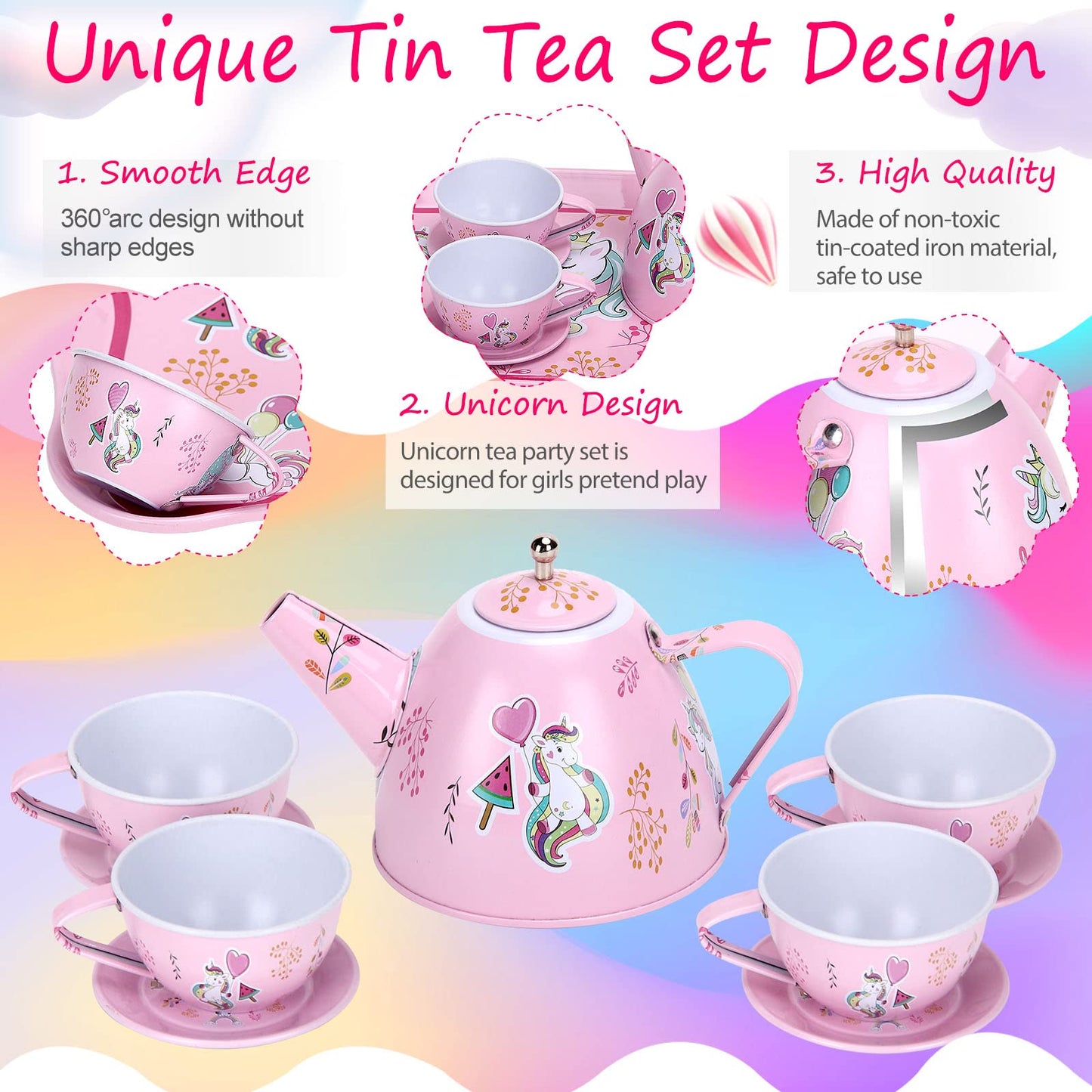 Auney Tea Set Toys for Girls 36pcs, Tin Unicorn Tea Party Set Toy Pretend Play Gifts for Little Girls Age 3-6, Kids Girls Toys G