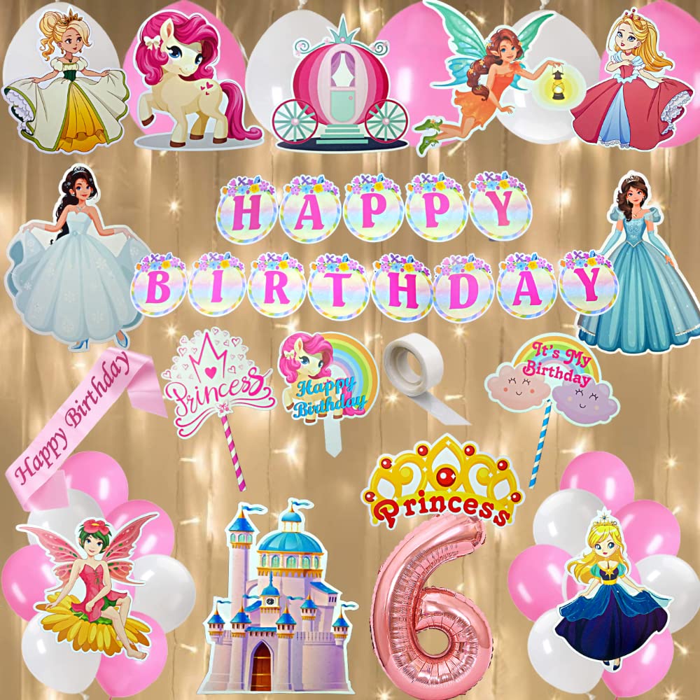Fi  Flick In 50 Pcs Happy 6Th Birthday Decoration Kit For Girls Car Castle Cutouts Princess Sash Led Light Princess Birthday De