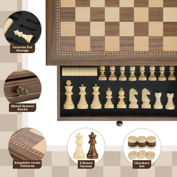 Peradix Magnetic Chess Checkers Board Sets With 2 Built-In Storage Drawers,12.8' Classic 2 In 1 Wooden Games With 2 Extra Queens For Kids And Adults,Travel Portable Chess Game Set