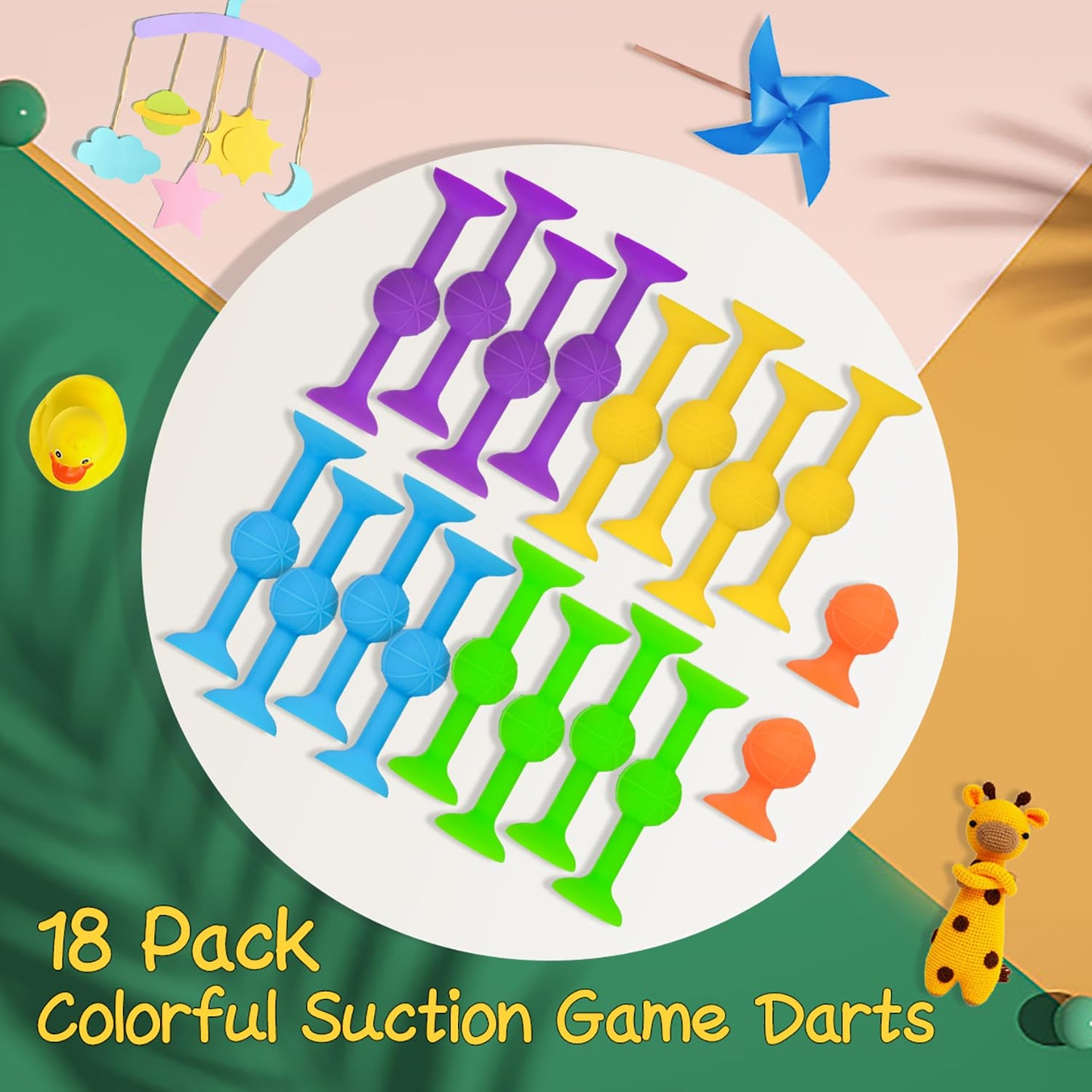 HugOutdoor Suction Cup Kids Bath Toy - 18Pcs Soft Tip Darts, Medium, Silicone, 4 Colors: Blue, Green, Purple, Yellow