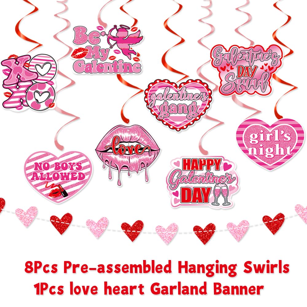 Happy Galentines Day Banner, Red Glittery Galentines Day Decorations with Heart Garland Hanging Swirls, Ladies Girls Happy Vale