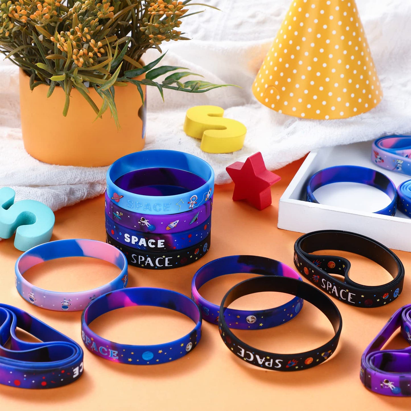 Aoriher Outer Space Party Favors Galaxy Bracelets, Star Astronaut Bracelets Rubber Silicone Wristbands Bulk, Space Themed Classr
