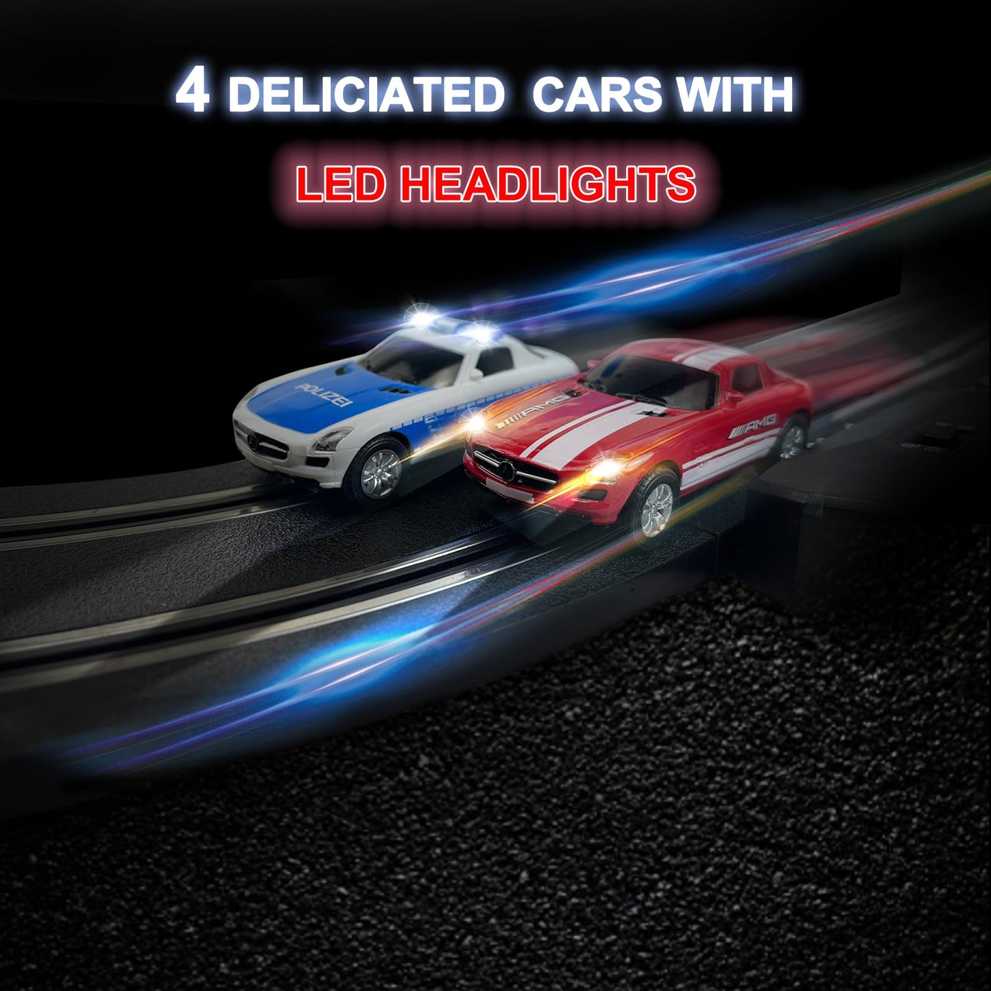 Agm Mastech Slot Car Race Track Sets With 4 Exquisite Slot Cars, Battery Or Electric Car Track, 2 Controllers, Lap Counter, Gift
