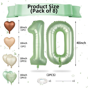 Biapian 40 Inch Sage Green Number 10 Balloons, Large Foil Number 1 & 0 Balloons With 18'' Cream Brown Heart Balloons For 10Th Ye