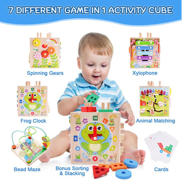 Wooden Activity Cube | Montessori Toys For 1 2 3 Year Old Toddlers | One Year Old 1St 2St First Birthday Gift | Educational Toys For 12+ Months Baby Boys Girls | Bonus Sorting & Stacking Game (Blue)