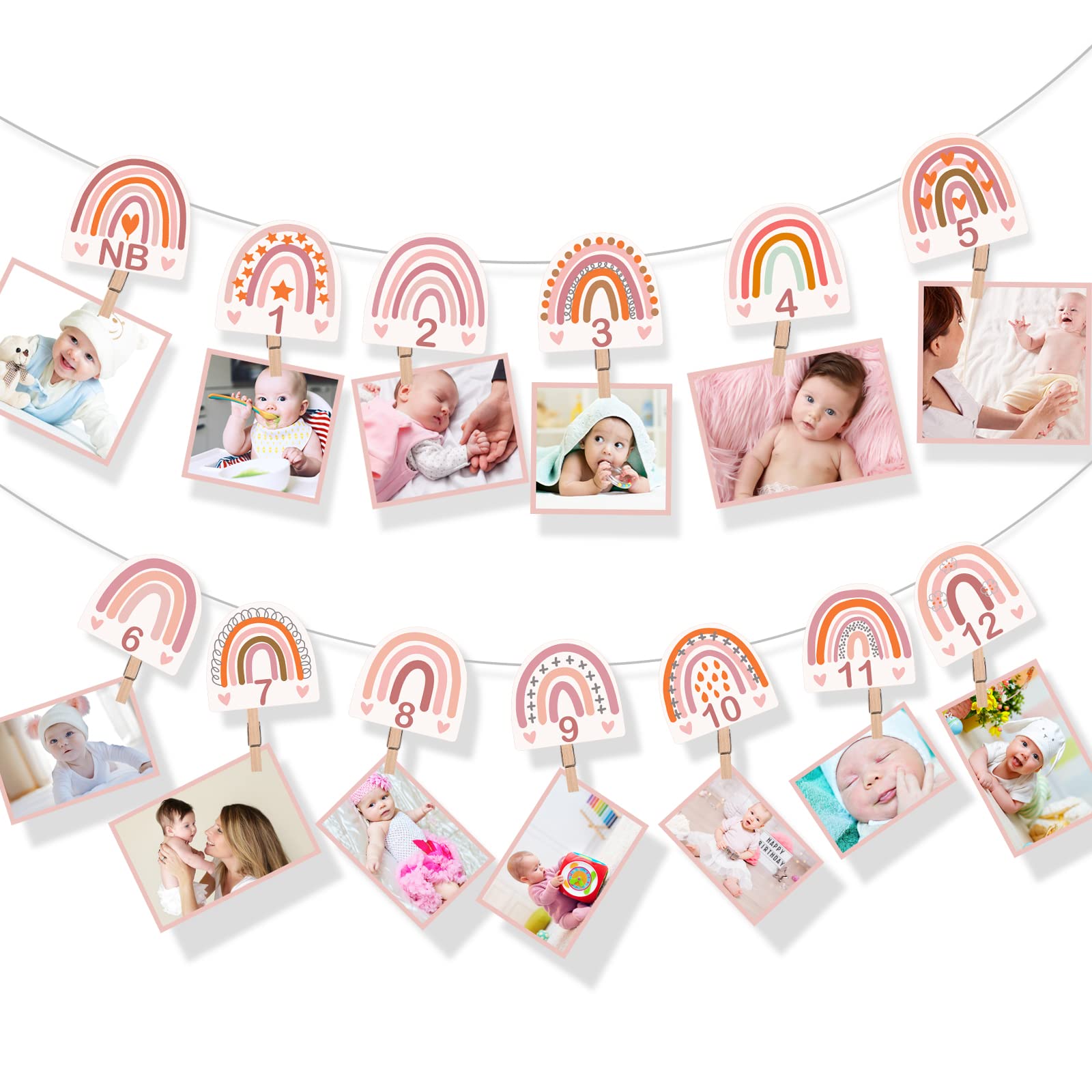 Laumoi 13 Pcs Rainbow First Birthday Photo Supplies Rainbow Baby Monthly Milestone Photo Banner Pink Garland from Newborn to 12 