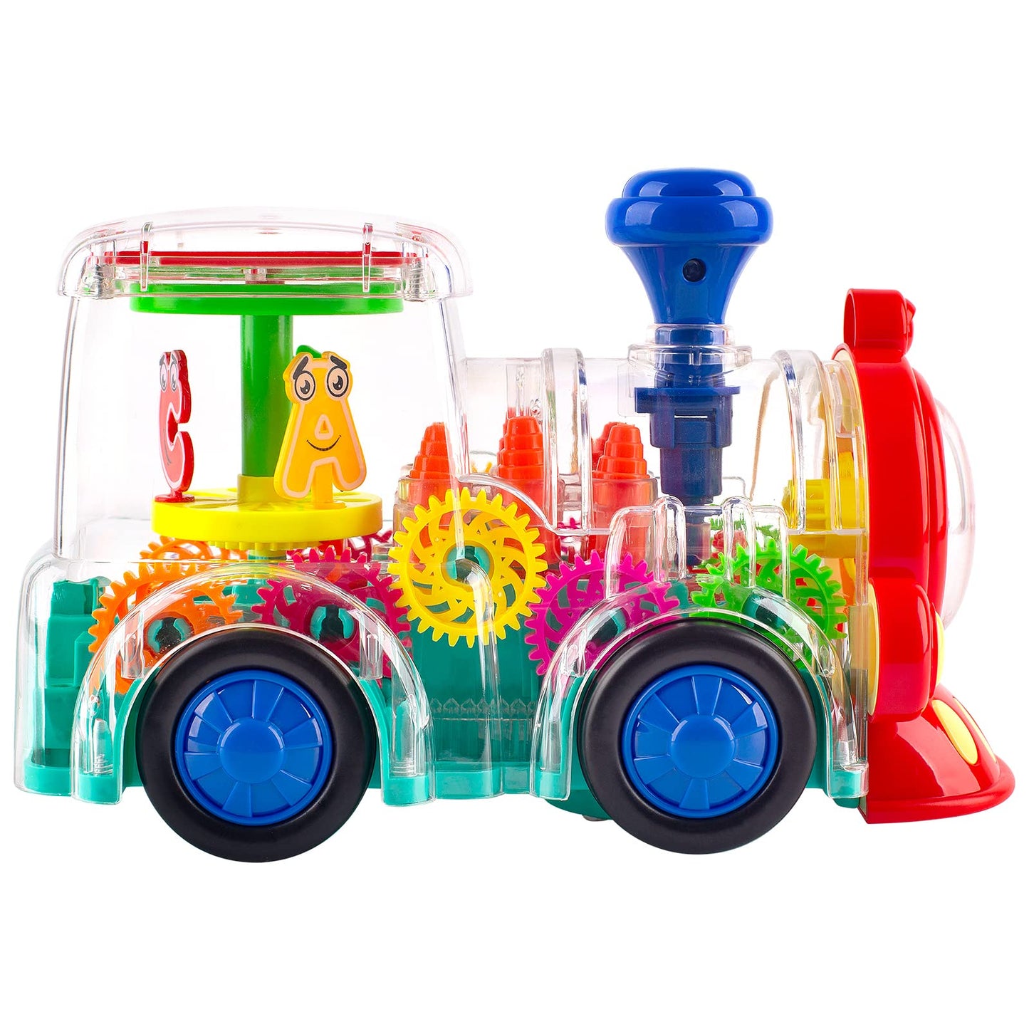 Berry President Transparent Electric Gear Train Toy With Flashing Lights And Music, Battery Operated Bump Go Toys (Dark Blue)
