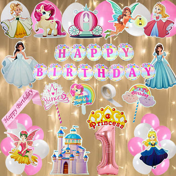 Fi  Flick In 50 Pcs Happy 1St Birthday Decoration Kit For Girls Car Castle Cutouts Princess Sash Led Light Princess Birthday De