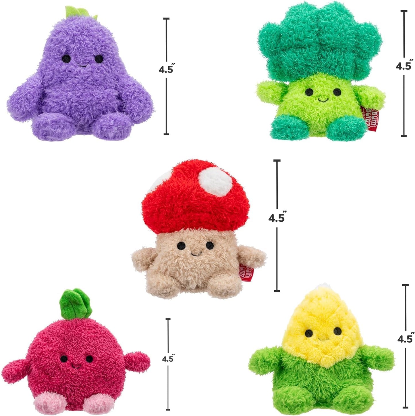 Bumbumz 4.5-Inch Rootbumz Plush 5-Pack - Stan Mushroom, Ronnie Radish, Bobby Broccoli, Colby Corn, And Erinn Eggplant Collectibl