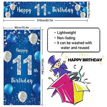 Happy 11Th Birthday Door Cover Porch Banner Sign Set - 11 Years Old Birthday Decoraions Party Supplies For Men - Blue