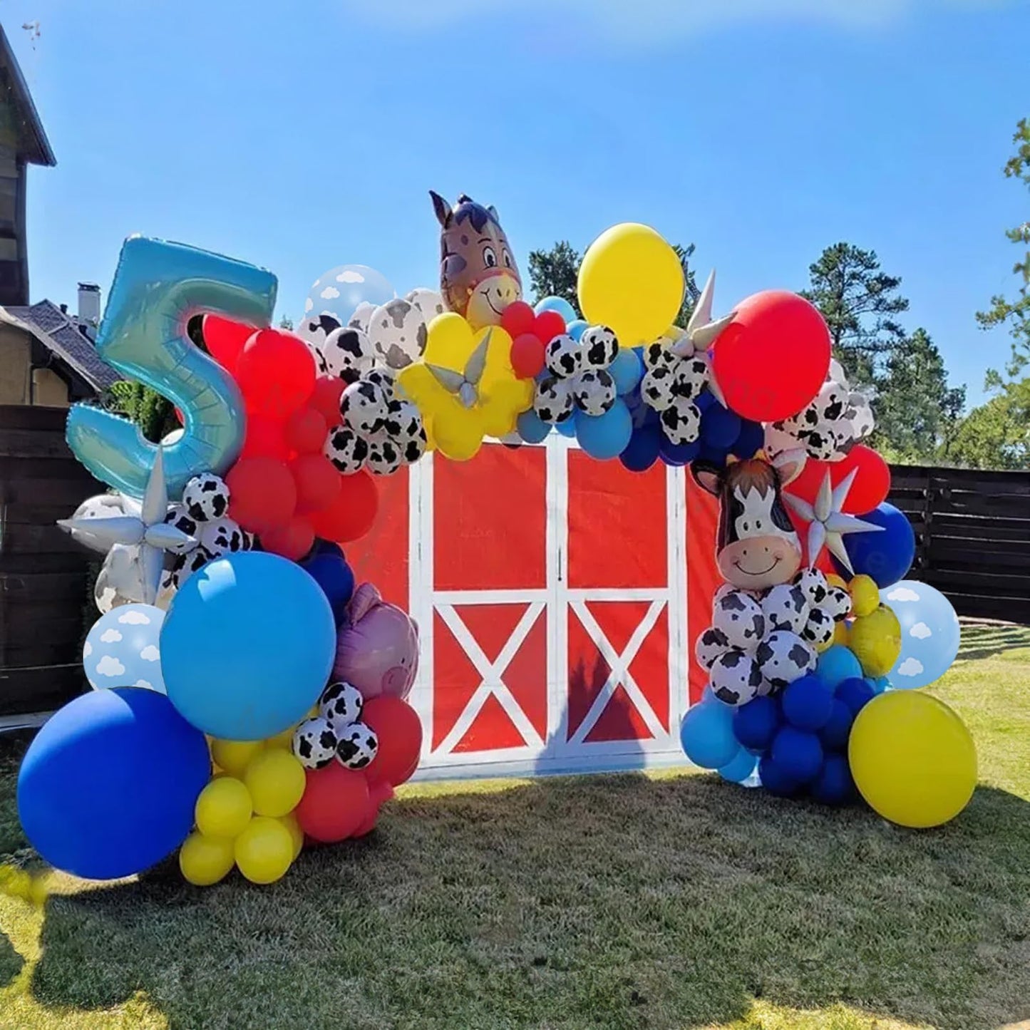 Toy Birthday Theme Balloons, 12 Inch Red Blue Yellow Balloons With Cow Print And Sky Blue Cloud Balloons For Kids Boys Cartoon S