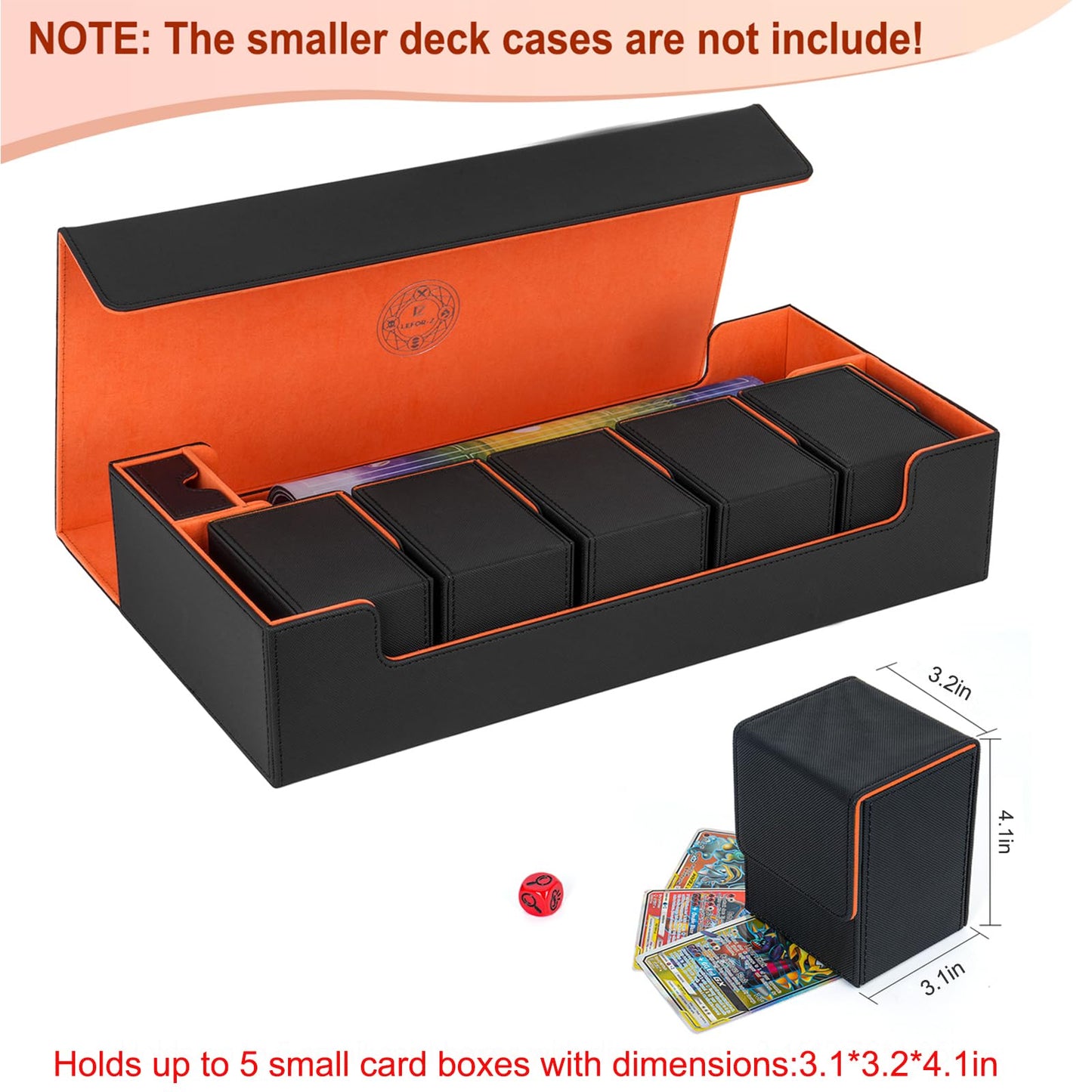Card Deck Box X-Large enhanced Card Game Deck Storage Box Fits 5 Decks Card Box with Mat Case and Removable Compartment Card Deck Case Compatible with MTG/TCG/Yugioh/Magic/Commander(Black&Orange)