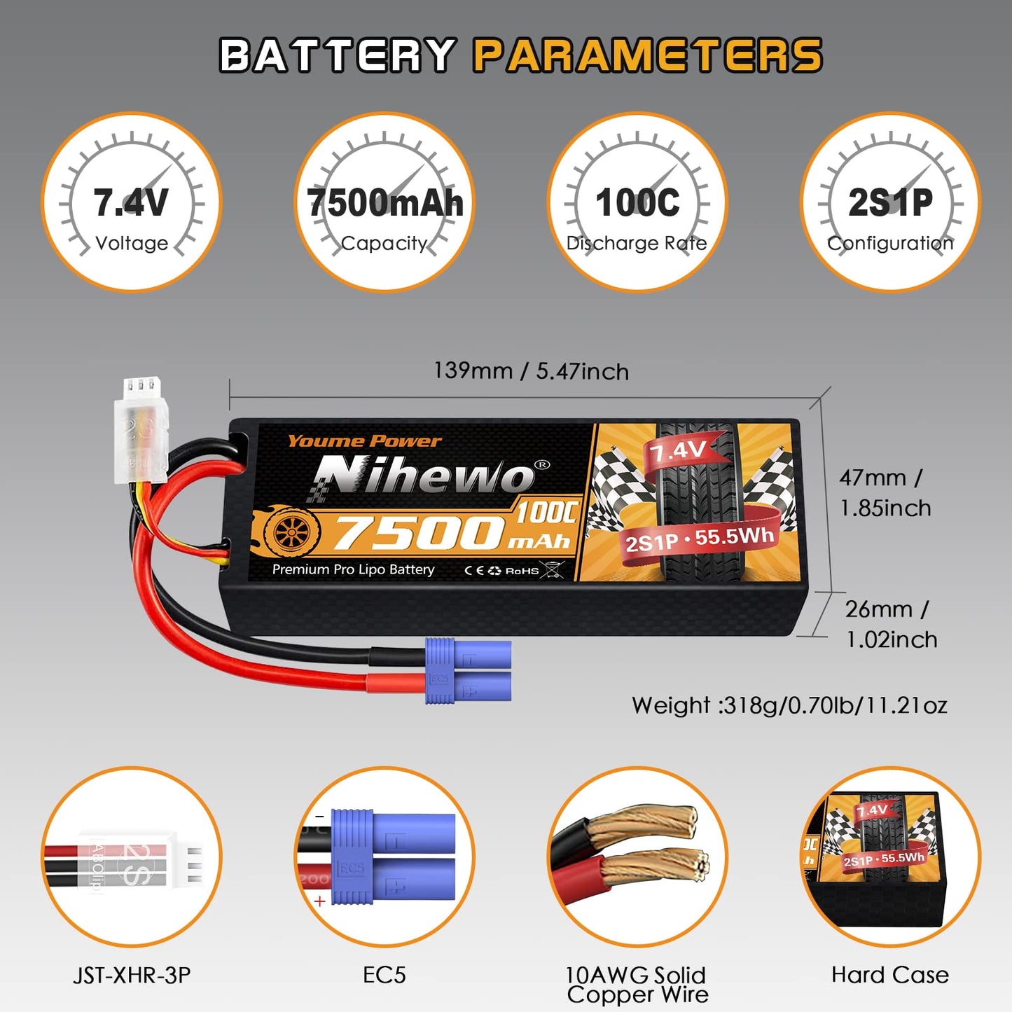 Nihewo 2Packs 2S Lipo Battery Pack, 7.4V 7500mAh RC Battery 100C Hard Case Lipos EC5 Connector Compatible with Arrma Axial 1/8 1
