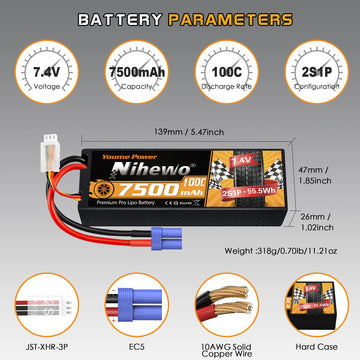 Nihewo 2Packs 2S Lipo Battery Pack, 7.4V 7500mAh RC Battery 100C Hard Case Lipos EC5 Connector Compatible with Arrma Axial 1/8 1
