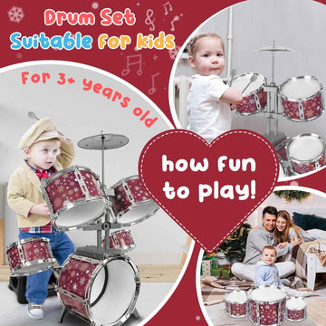 Kids Drum Set For Toddlers 1-3 Musical Jazz Drum With Stool Toys For 2-5 4-6 5-7 Boys Girls Birthday, Red