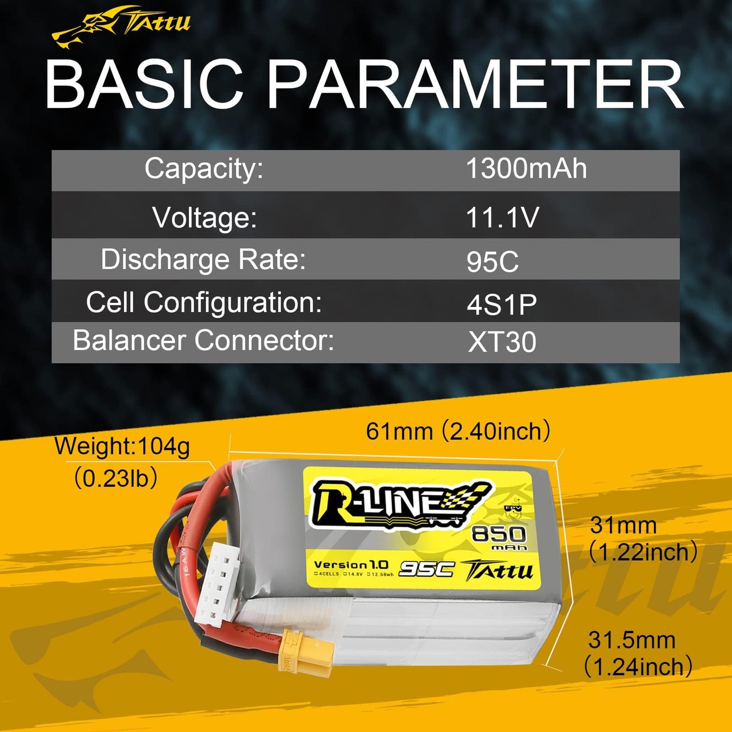 TATTU R-Line 850mAh 14.8V 95C 4S LiPo Battery Pack with XT30 Plug(2 Pcs)