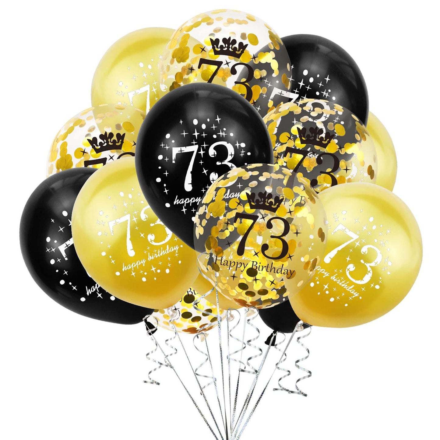 SHUNTAI 73rd Birthday Balloons 12 inch Latex Confetti Black and Gold, Model SHUNTAI-001, 15 Pack Decorations for Men Women