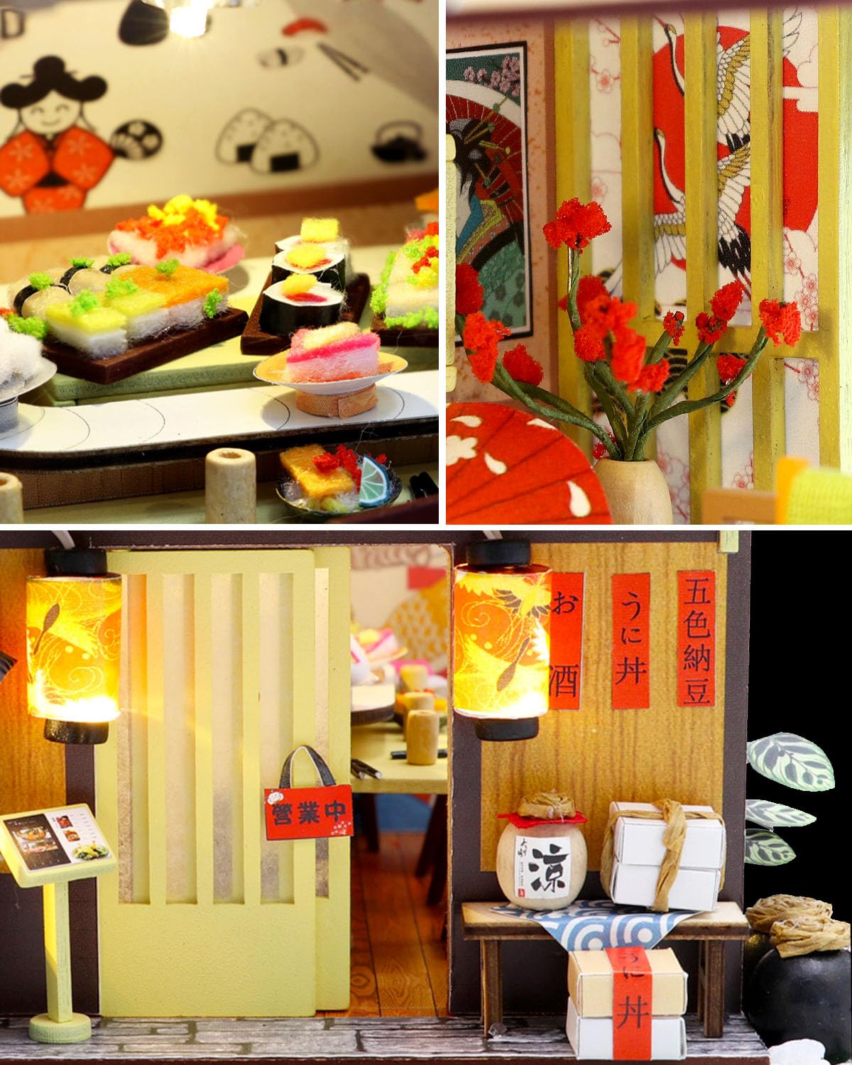 OurMiao Miniature House Kit - Gibbon Sushi  DIY Wooden Dollhouse for mature-themeds with LED & Furniture  Tiny House Craft Gift for Teens Families Friends