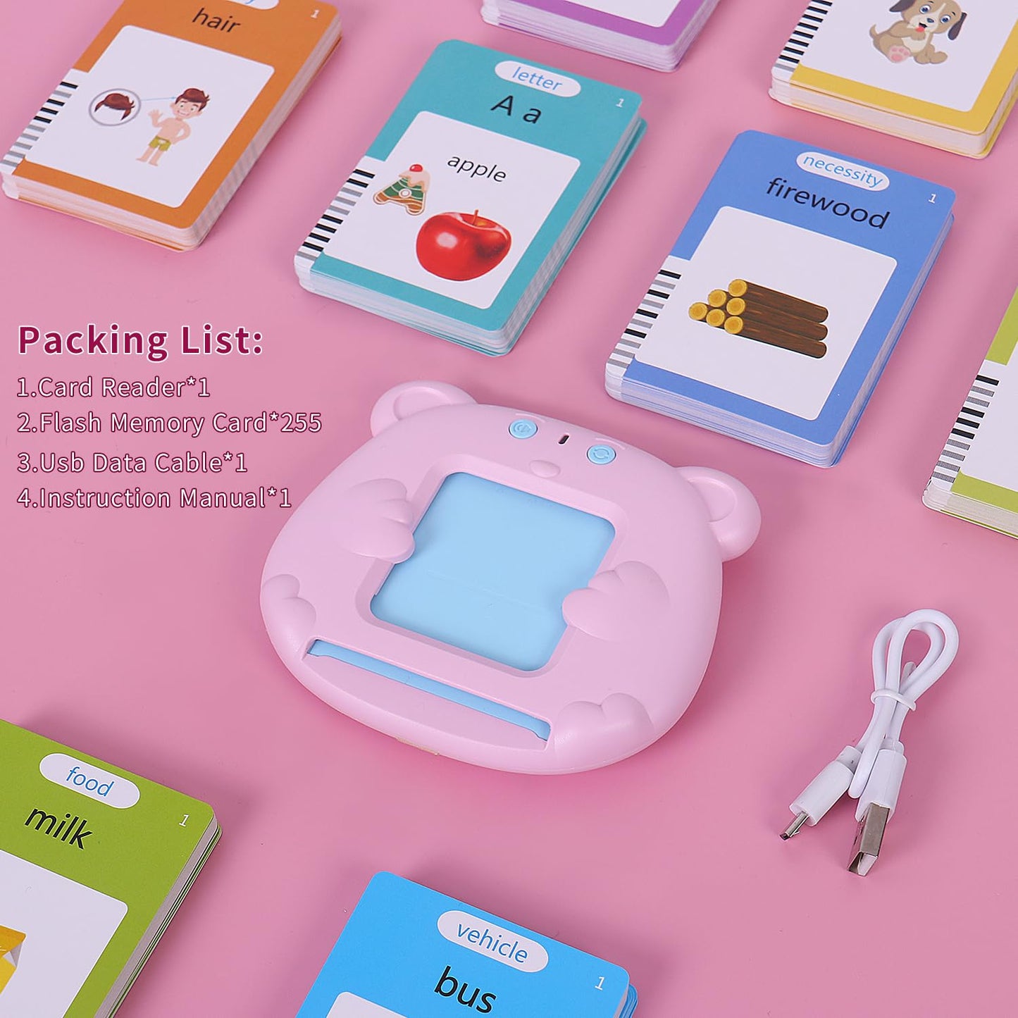 Talking Flash Cards Toddler Toys Pocket Speech For Toddlers 1-3, Talking Learning Flash Cards Educational Toys Sensory Toys Gift For Boys And Girls (510 Sight Words-Bear Pink)