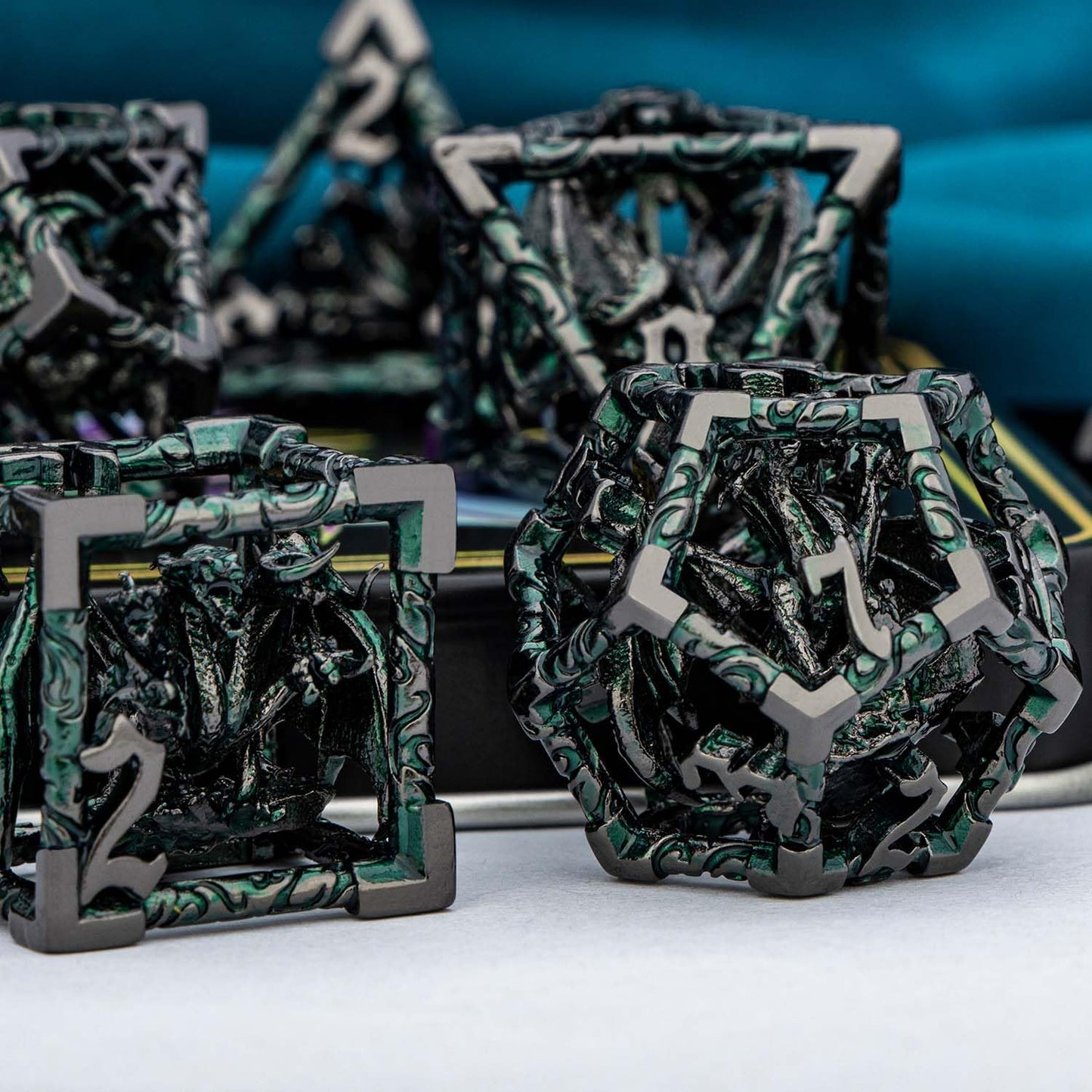 ARUOHHA Hollow DND Dice Set Black Green 5-Headed Dragon D and D Dice with Gift Box, Dungeons and Dragons Role Playing Games 7PCS