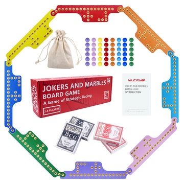 Mucitagf Jokers And Marbles Board Game Pegs And Jokers Card Game For 2-8 Players, Colorful Double-Side Painted Solid Wood Game Boards With 8 Color 48 Marbles 4 Decks Of Cards Game Set