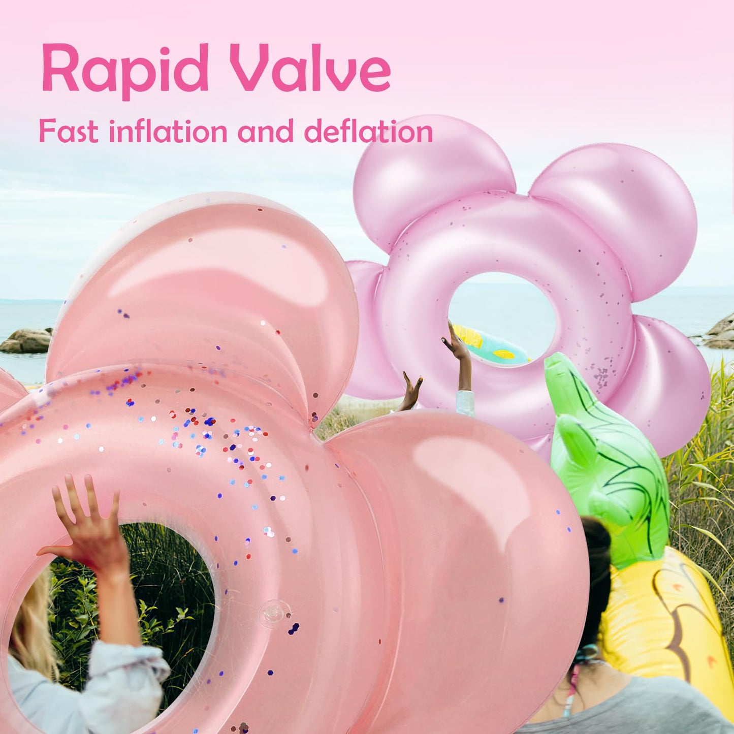 Heysplash Pool Floats For Adults, Large Floats Inflatable Floatie Loungers With Glitter, Swim Tube River Lake Wedding Bride Engagement Party Decor Toy Raft, Flower Bachelorette Fun Decor, Rose Gold