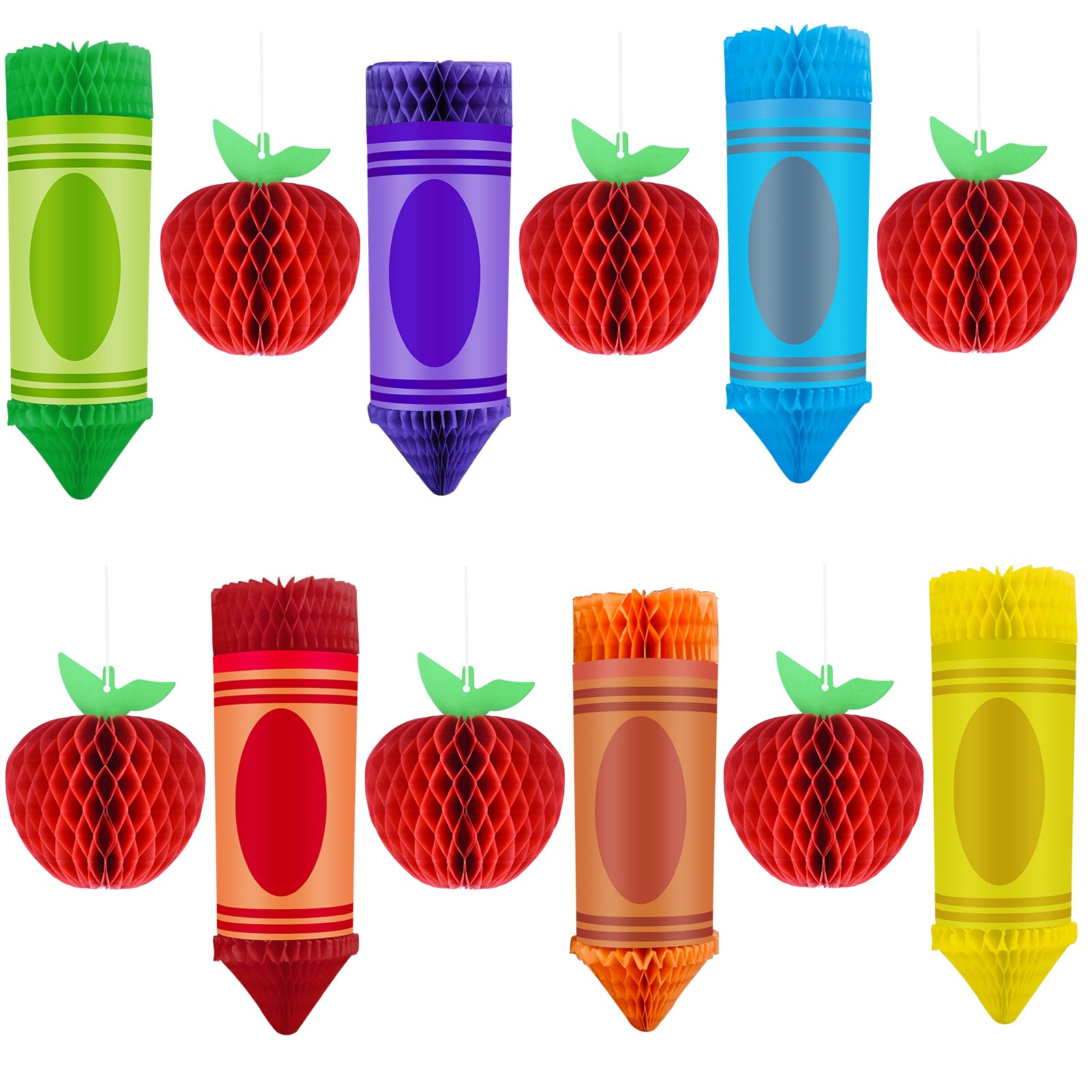 12Pcs Welcome Back to School Hanging Decorations 6 Crayon Hanging Honeycomb Back to School Classroom Decorations 6 Apple Honeyco