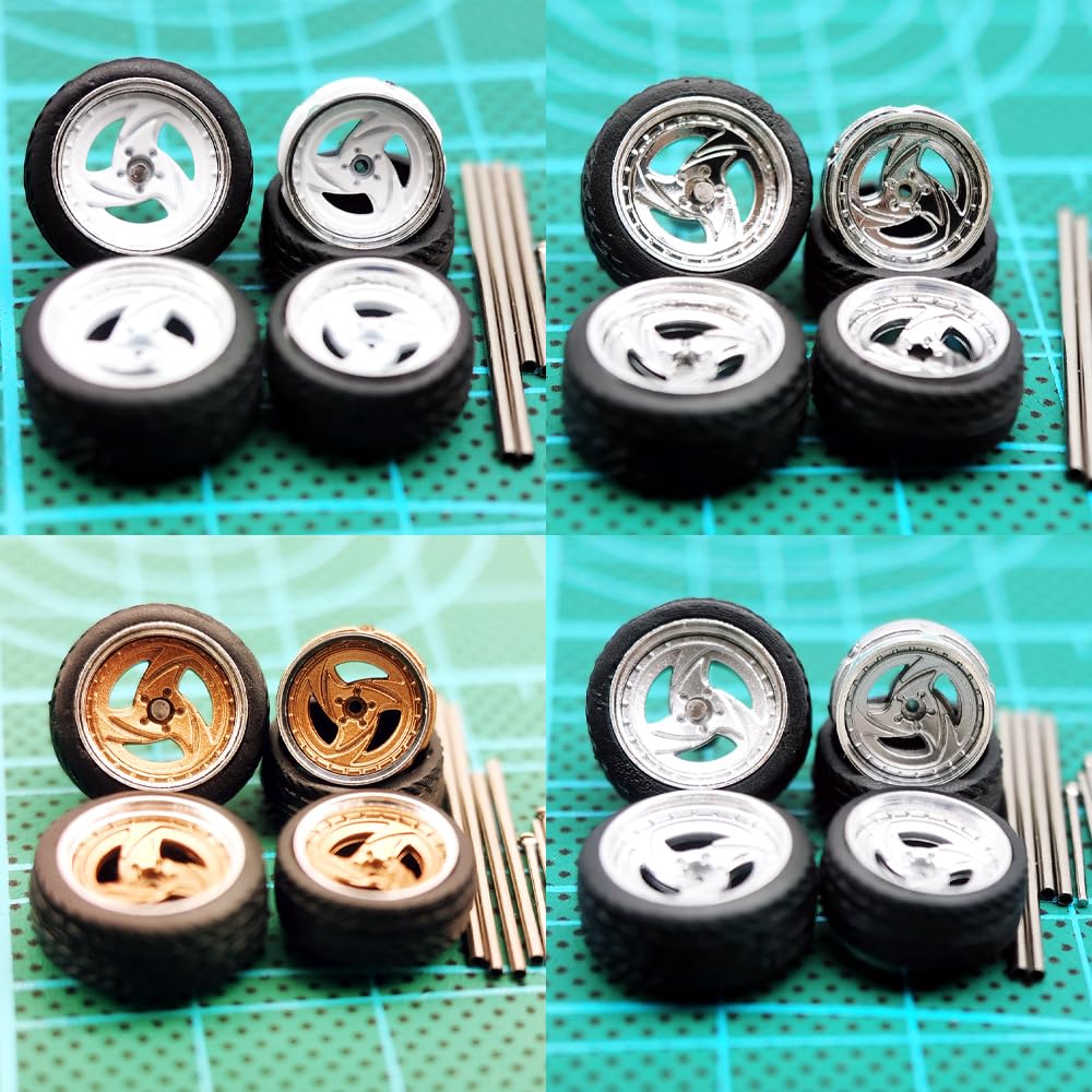 1/64 Wheels Front Small Rear Big For Muscle Cars And Sports Cars,4 Sets/Pack, Eight Spokes,Abs Wheels With Rubber Tire Rivet Axl