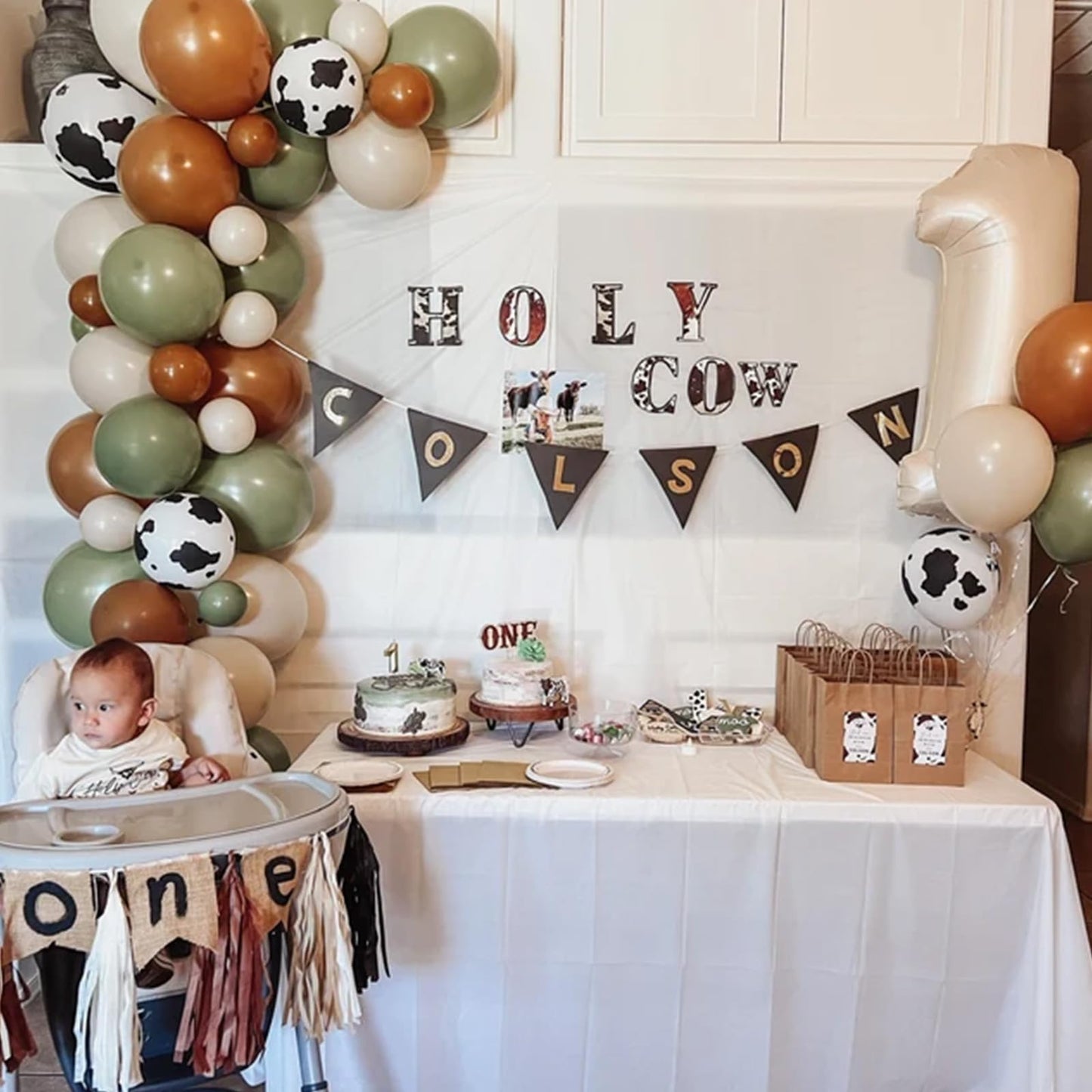 Green And Brown Balloon Arch Garland Kit, Cow Print Balloon Arch Kit Western Farm Retro Olive Sage Green Coffee Brown Beige Whit