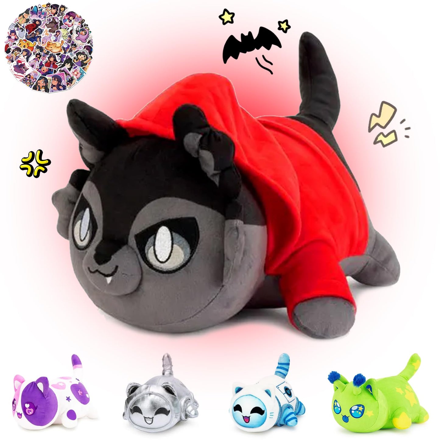 Kowsi 61-Pcs ? Aar0N Cat Plush + 60-Sticker - Alien Invasion Cat Collection - 100% Embroidered Plushie - Cat Stuffed Animal Coll