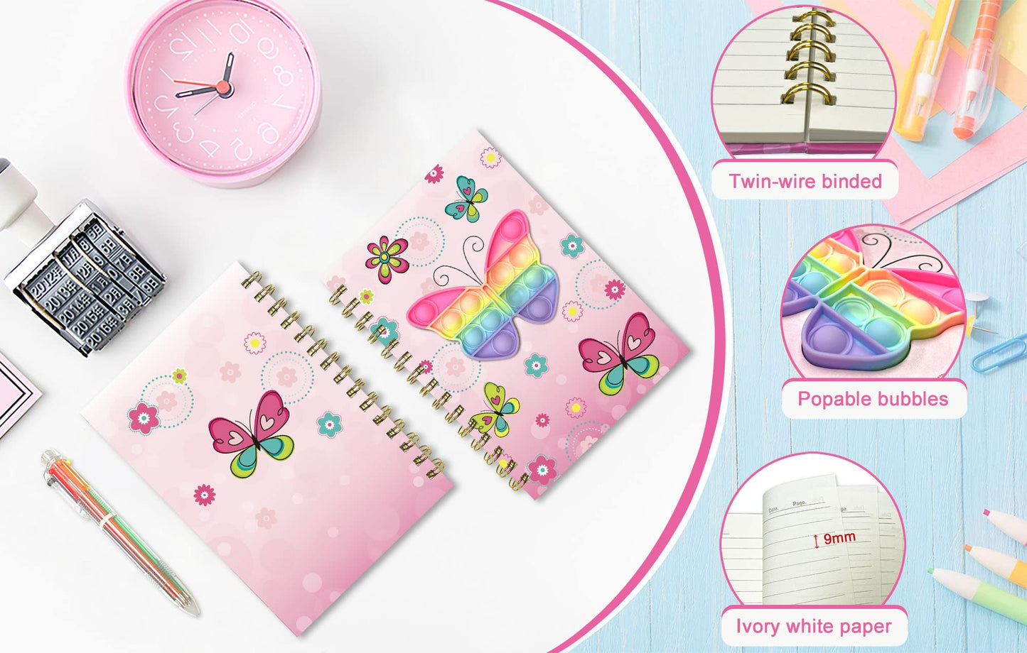 Pop Notebook For Kids, Fidget Girls Diary Journal 8.3X5.7 Inches 160 Lined Pages With 6 Multicolor Pen Spiral Journal For Teenage School Writing Drawing Pop Butterfly It Gifts Stuff Age 6 8 10 12