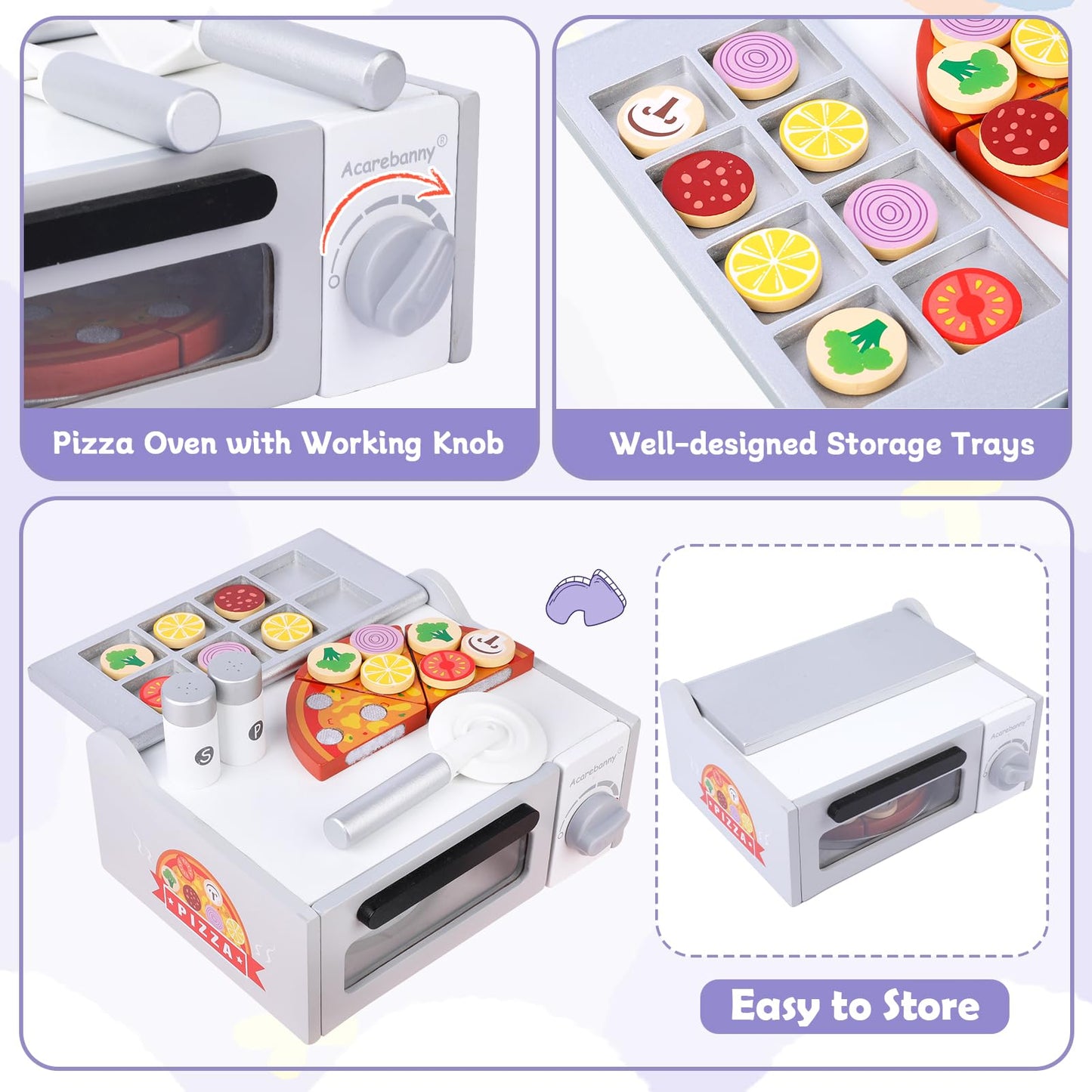 Wooden Pizza Toy for Kids, Toddlers Pizza Counter Playset, Pretend Play Food Set Kitchen Accessories with Bake Oven, Gifts for 3