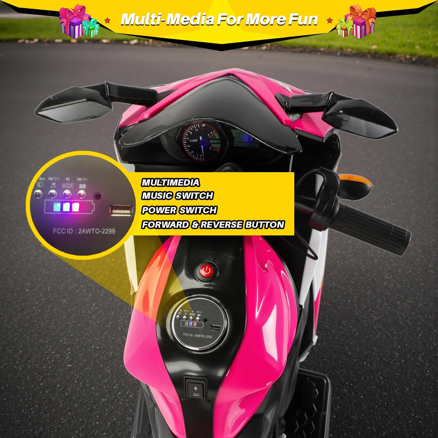 Blitzshark 12V Electric Motorcycle  Kids Motorcycle with Training Wheel  7AH Battery Ride On Motorbike for Kids  3.2 MPH Max Speed  Twist Grip Throttle  Soft Tires  Extra Long Seat  Pink and White