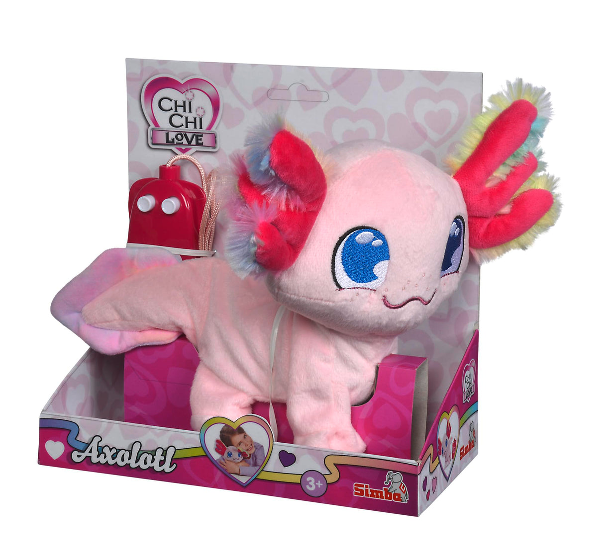 Chi Chi Love Axolotl, Cable Controlled, with Fluffy Rainbow Gill, Sound, Runs and Moves, 20 cm, from 3 Years