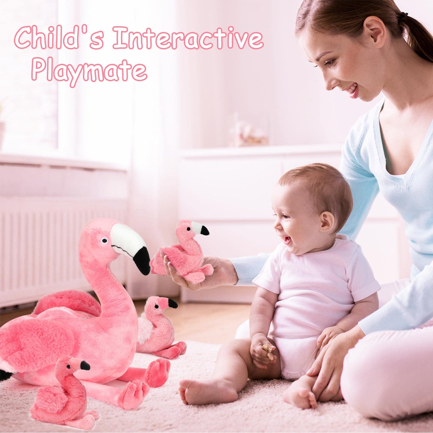 Qpewep 21-Inch Pink Flamingo Stuffed Animal with 4 Plush Babies - Soft, Machine Washable, Perfect for Kids' Birthdays and Zoo Party Decor
