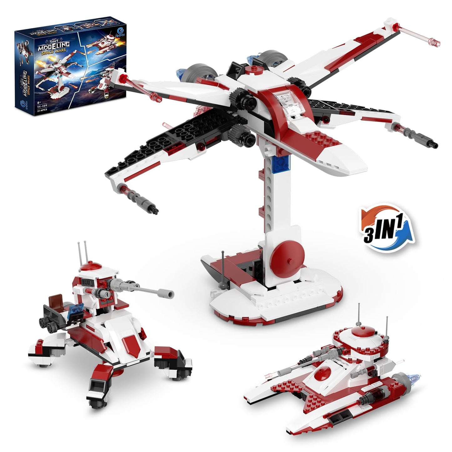 QLT 3 in 1 Space Wars Building Set - X-Wing Fighter, Republic Tank, AV-7 Cannon, Plastic, Model YC329, Compatible with Lego, Ages 6+
