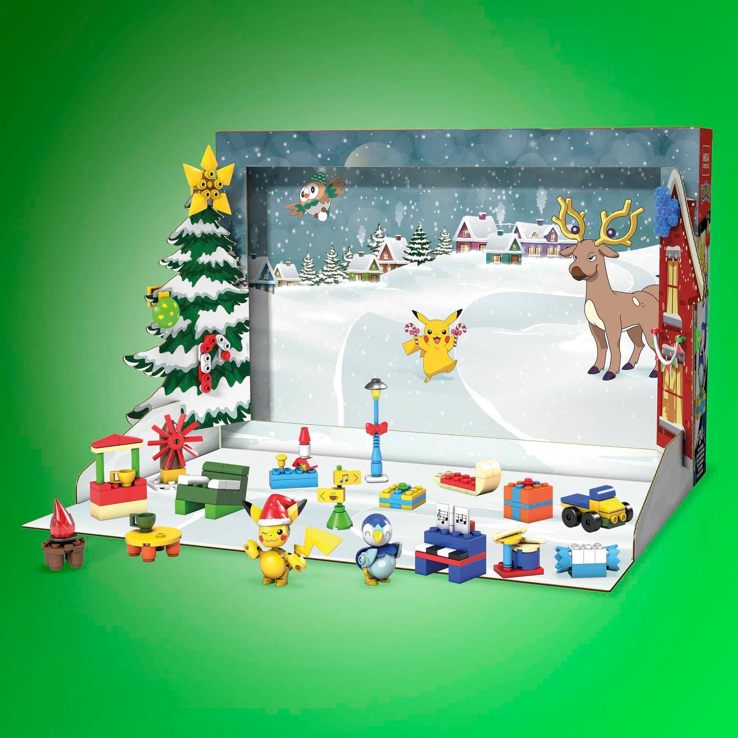 MEGA Pok  mon Building Toys Set, Holiday Calendar with 202 Pieces, 2 Poseable Characters and Accessories, for Kids