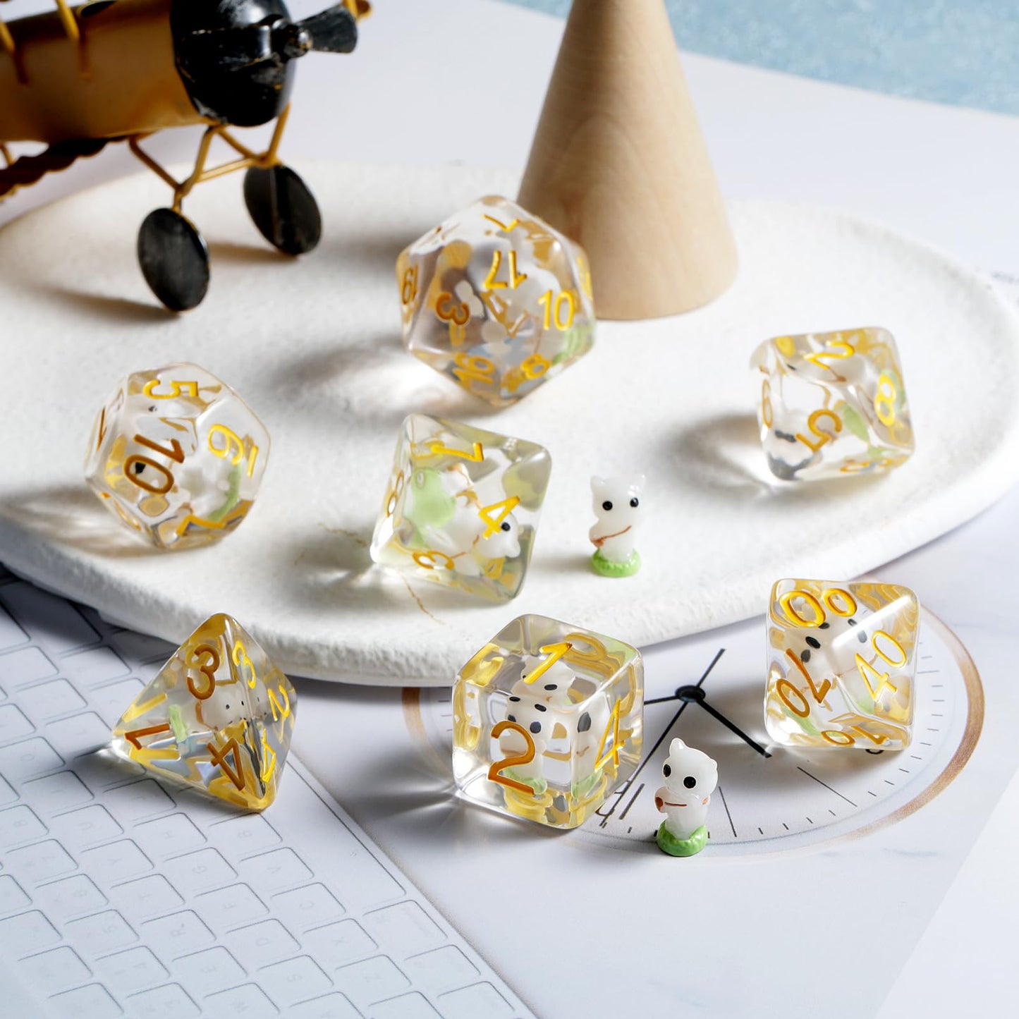 White Cat Gaming Dice Set D&D, DNDND 7PCS Resin DND Dice with Velvet Bag for Dungeons and Dragons Role Playing Games and Tableto