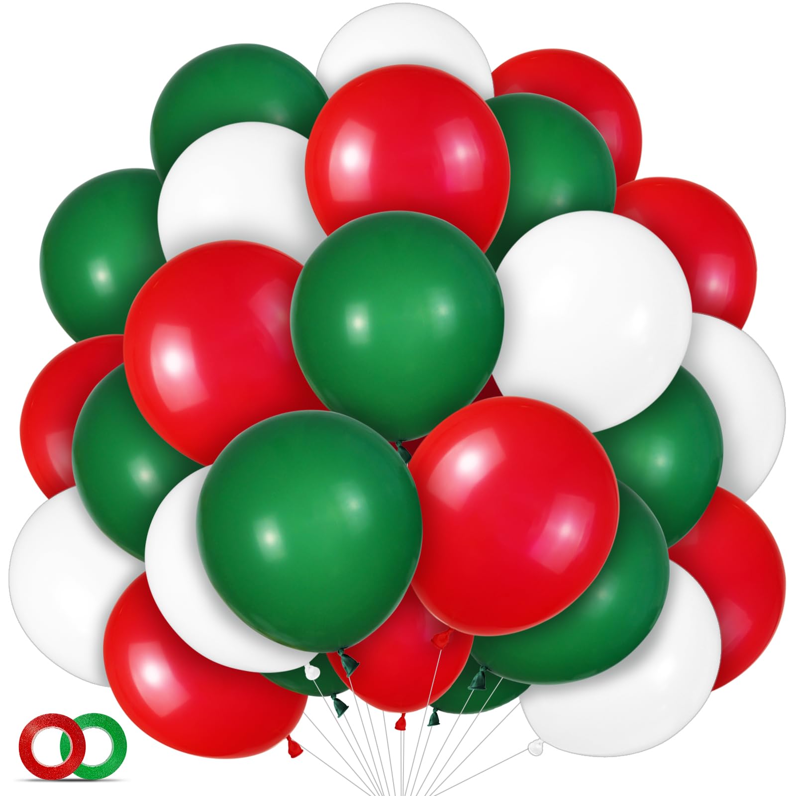 100 Pcs Christmas Red Green Balloons 12 Inch Red Green And White Latex Balloons With 65Ft Ribbon For Christmas Birthday Baby Sho