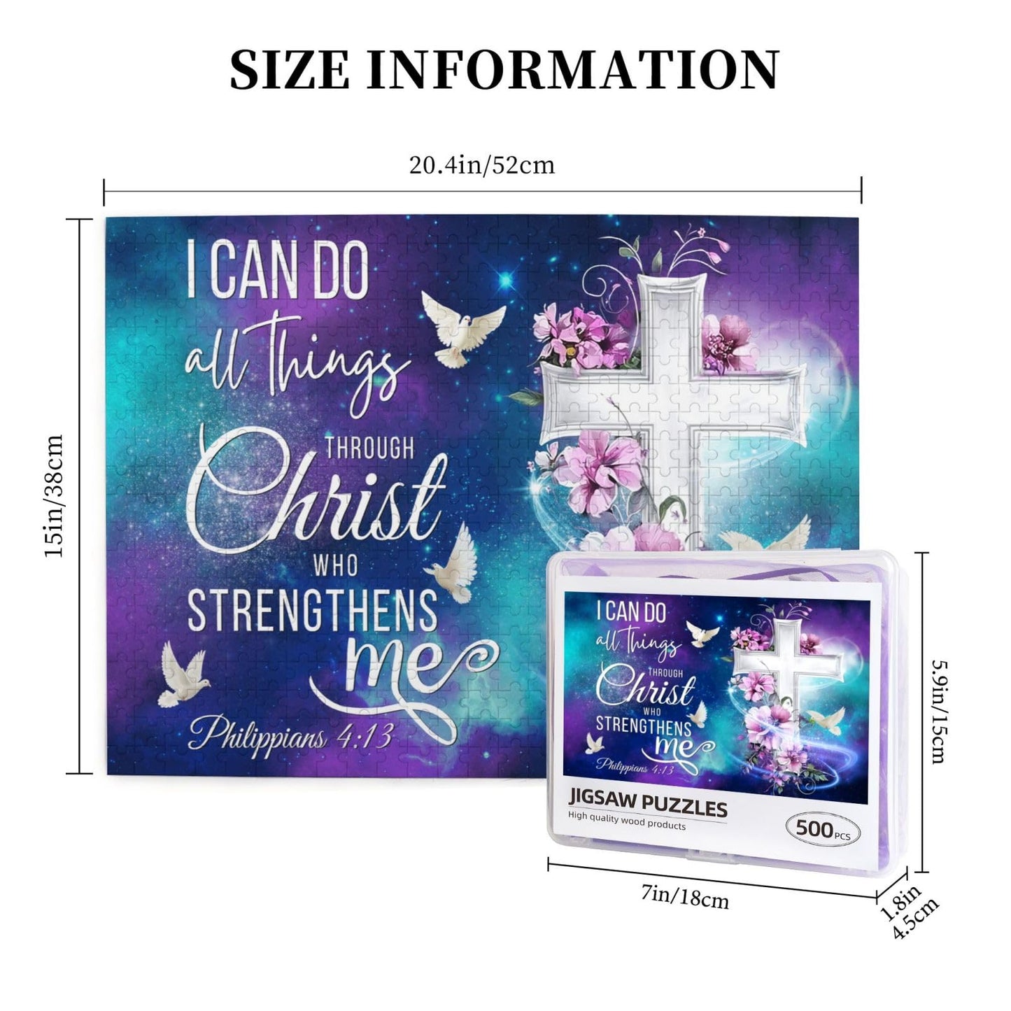 Christian Jigsaw Puzzles 500 Pieces for Adults, Shining Cross & Philippians 4:13 Bible Verse, Uplifting Religious Wooden Puzzle,