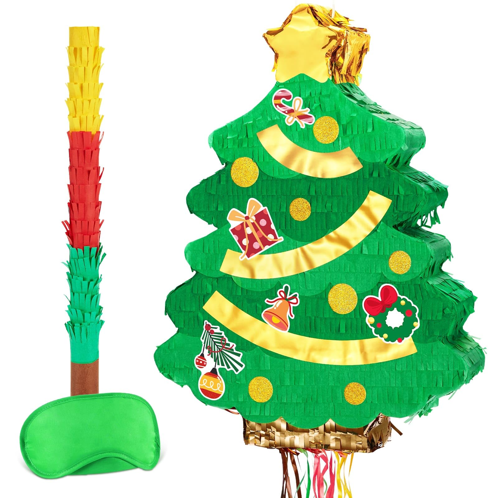 Wernsai Christmas Piata Large Pull String with Blindfold Bat - Cute Tree Design for Christmas Party Games - Green, 16.5  x 12.4