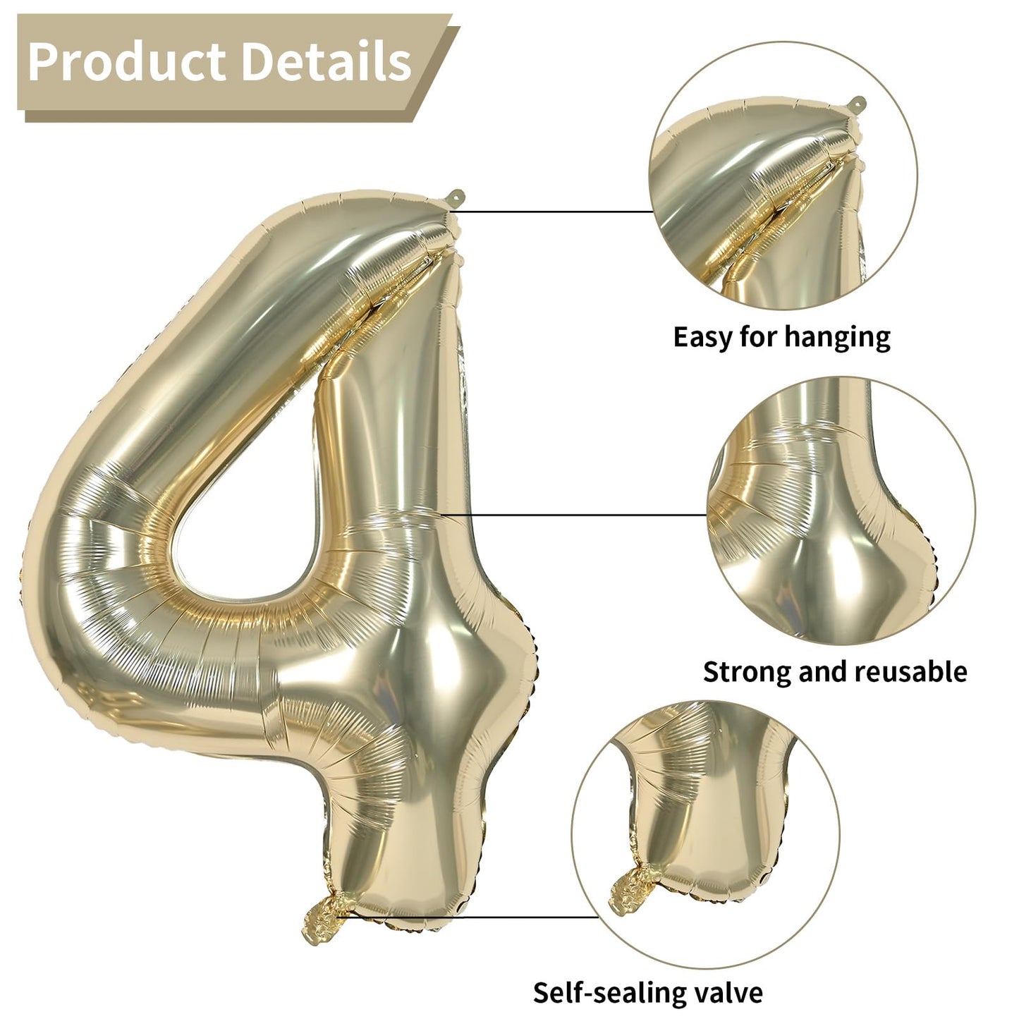FunHot 40 Inch Light Gold Number 40 Balloon, Rubber Giant Foil Balloon for 40th Birthday Party Decorations