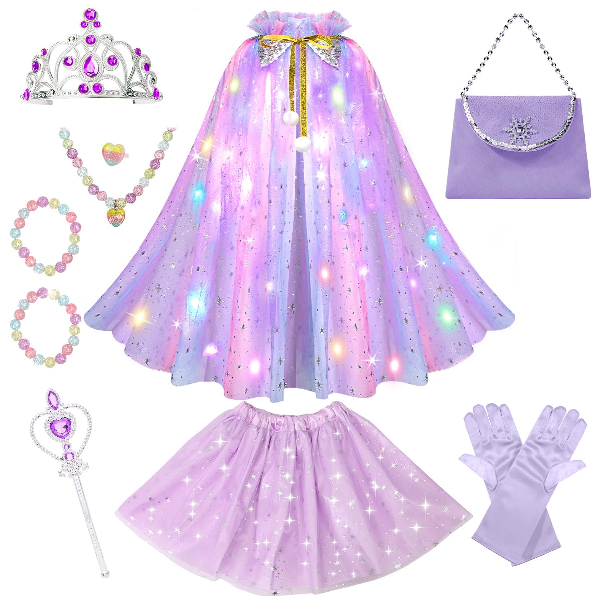 Meland Princess Dress Up For Girls, Light Up Princess Cape With Crown & Tutu, Dress Up Clothes For Halloween, Role Play, Girl To