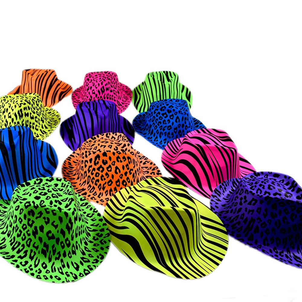 Novelty Place Neon Animal Print Plastic Party Hats, Fedora with Gangster Mafia Style, UV Blacklight Glow Party Stars Rave Hats f