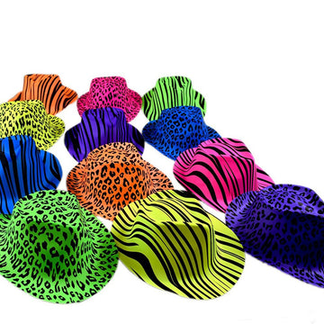 Novelty Place Neon Animal Print Plastic Party Hats, Fedora with Gangster Mafia Style, UV Blacklight Glow Party Stars Rave Hats f