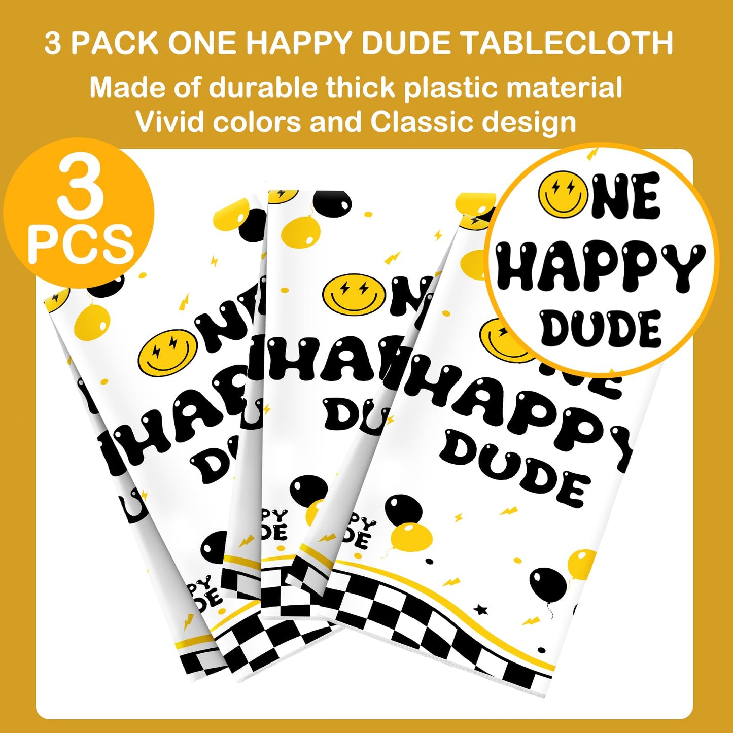 Suttmin 3 Pcs One Happy Dude Table Cloth One Happy Dude Birthday Decorations Plastic Smile Face Party Tablecloths 1st Birthday T