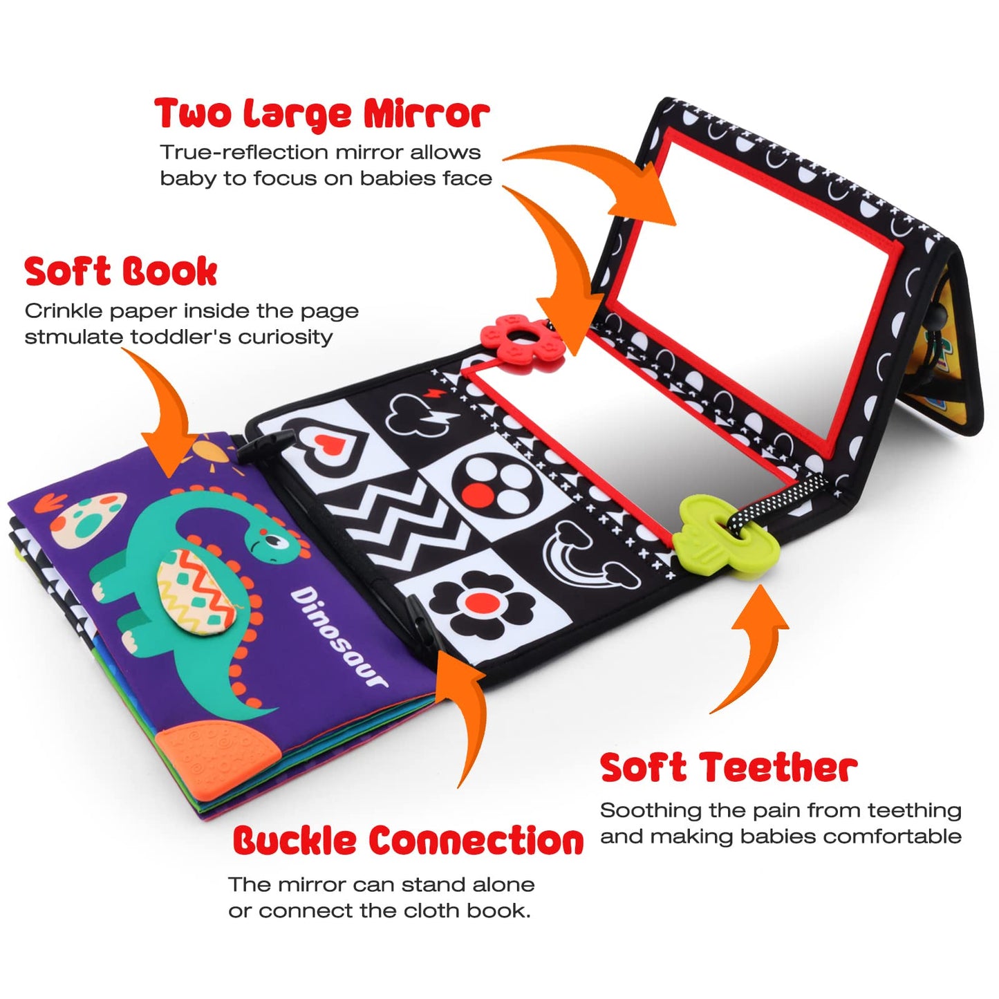 Tummy Time Floor Mirror With Crinkle Cloth Book And Teethers, Double-Sided Baby Mirror Black And White High Contrast Baby Toys,