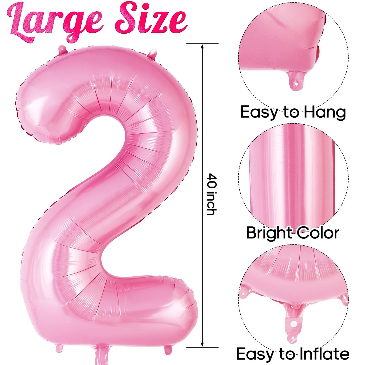 Pink Number 2 Balloon 40 Inch, Big Large Foil Helium Number Balloons, Jumbo Giant Mylar Number 2 Balloons For 2 Second Birthday