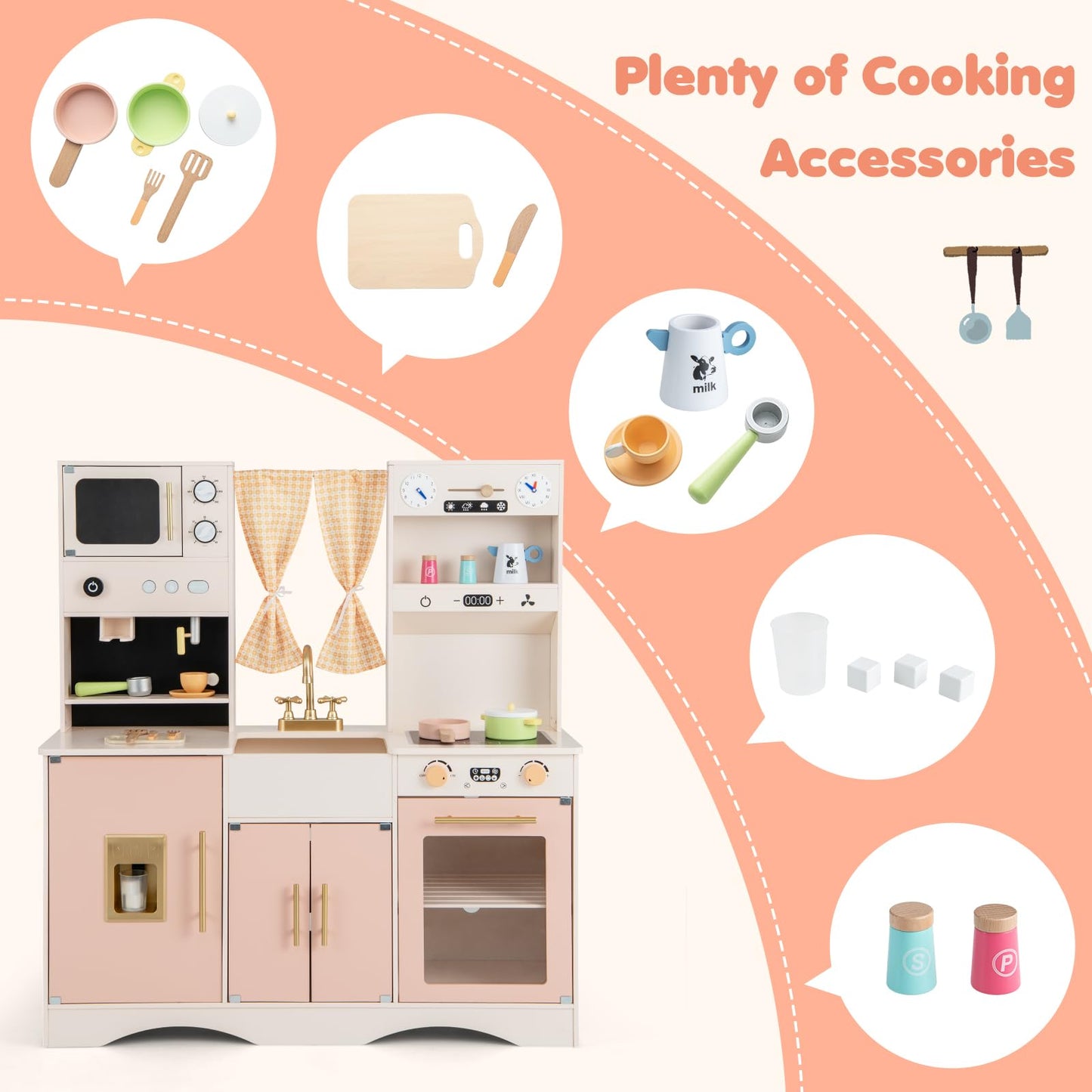 HONEY JOY Kids Kitchen Playset, Wooden Play Kitchen for Toddlers, Ice Maker & Coffee Maker, Stove, Faucet, Microwave, Large Stor