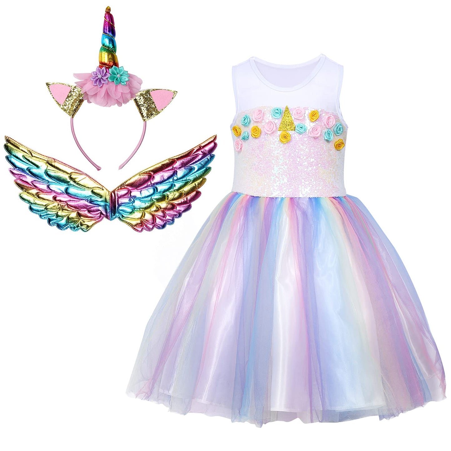Twister.Ck Halloween Princess Dress Costume For Little Girls Dress Up Outfit With Headband Rainbow Wings For Birthday Party